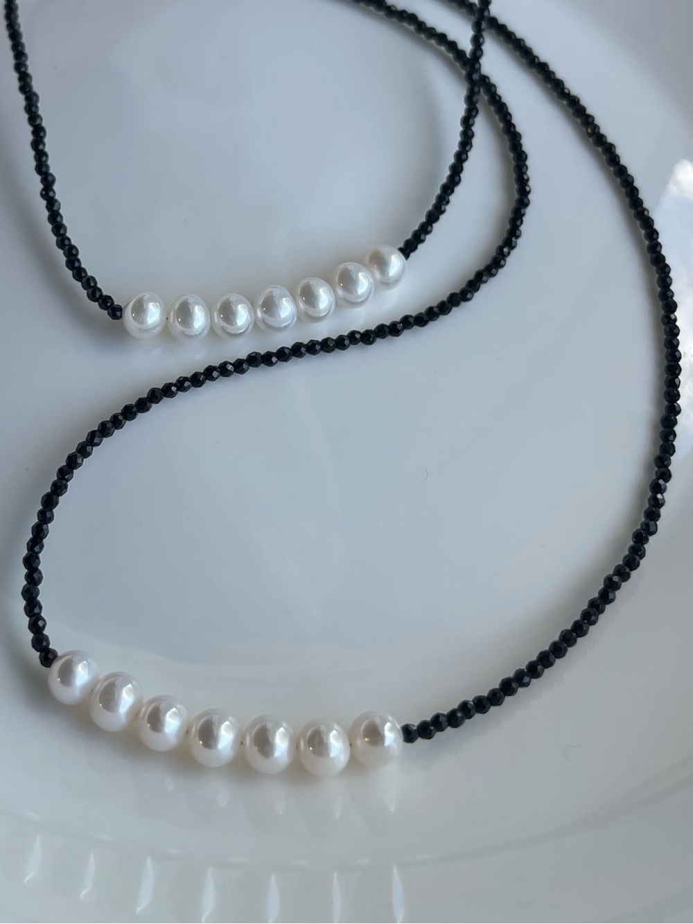 Genuine White Pearl with Black Beaded Necklaces